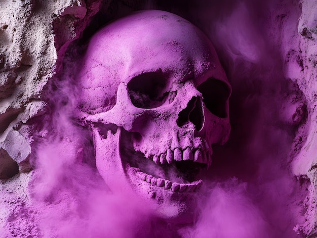 a purple skull with a purple background and purple smoke