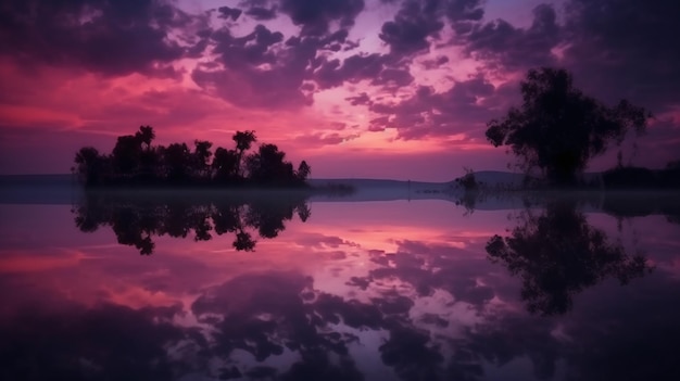 A purple sky with clouds and trees in the background