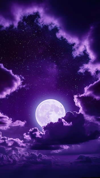 A purple sky with a full moon and clouds