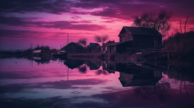 A purple sky with a house and a reflection of a house on the water.