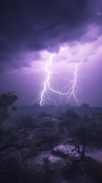 A purple sky with a lightning strike in the desert.