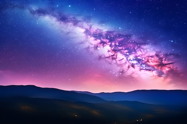 a purple sky with a purple and pink galaxy in the background