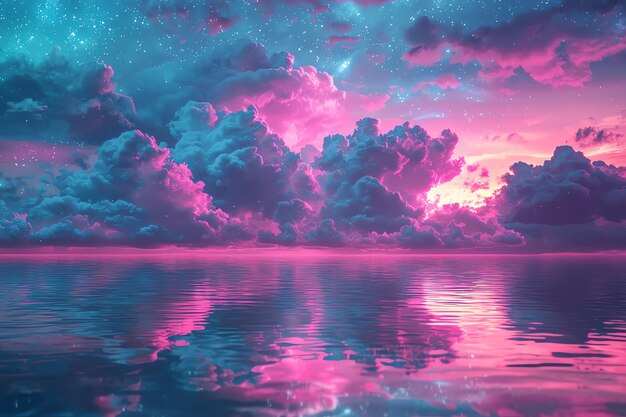 a purple sky with the reflection of the sky and the water in the foreground