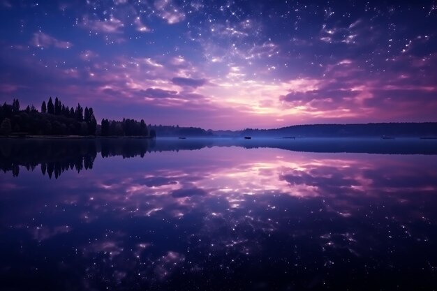 Photo a purple sky with the sun setting behind the trees