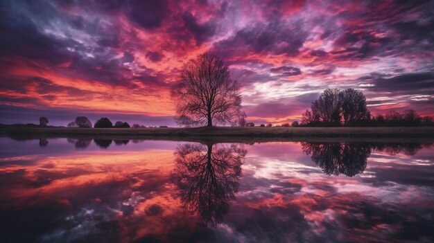 A purple sky with a tree in the foreground and a reflection of a lake with the sky in the background.