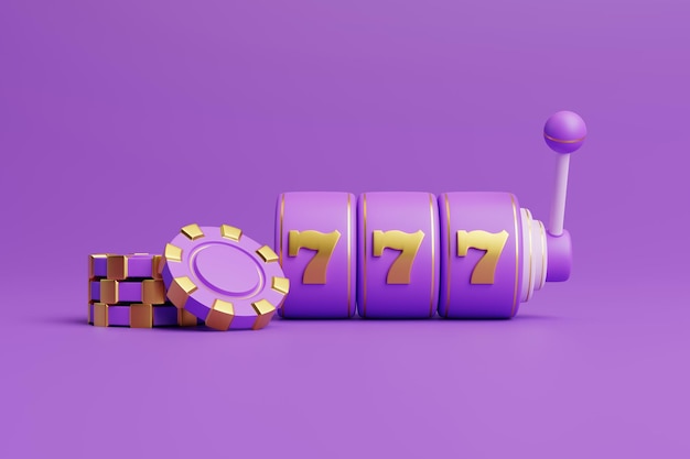 Purple slot machine with three golden sevens and poker chips on violet background 3D render