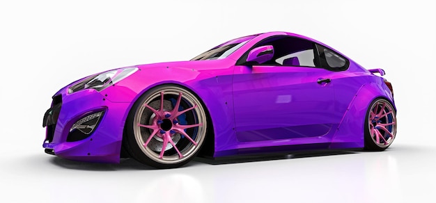 Purple small sports car coupe. Advanced racing tuning with special parts and wheel extensions. 3d rendering.