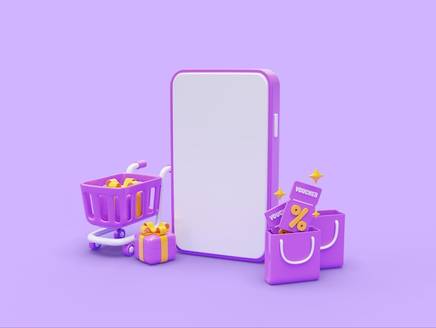 Purple Smartphone with gift box and Shopping Bag shopping banner icon ecommerce business icon Online shopping concept 3D illustration