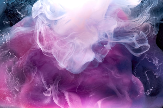 Purple smoke on black ink background, colorful fog, abstract swirling purple ocean sea, acrylic paint pigment underwater