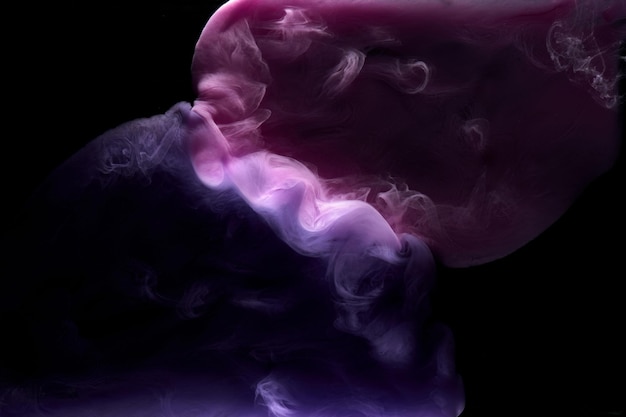 Purple smoke on black ink background, colorful fog, abstract swirling purple ocean sea, acrylic paint pigment underwater