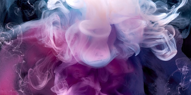 Purple smoke on black ink background, colorful fog, abstract swirling purple ocean sea, acrylic paint pigment underwater