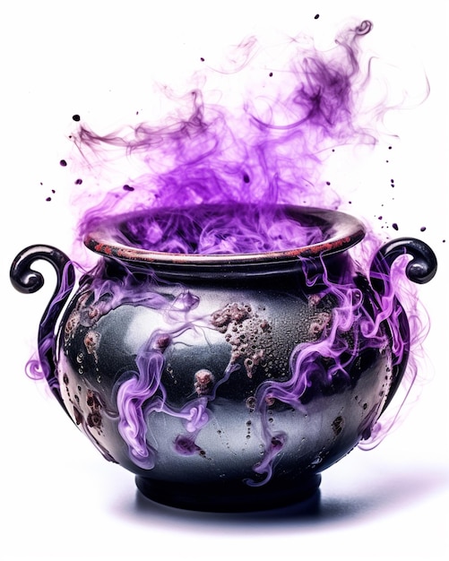 Purple smoke coming out of a black pot with a white background generative ai