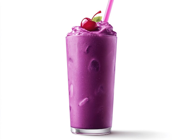 Photo purple smoothie with cherry and pink straw in a clear glass on a white background