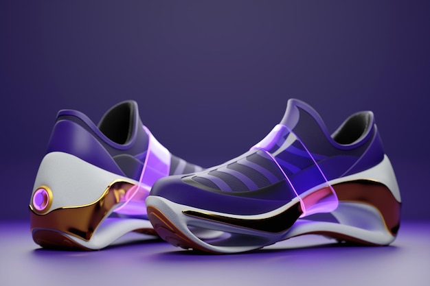 Purple sneakers on the sole The concept of bright fashionable sneakers 3D rendering