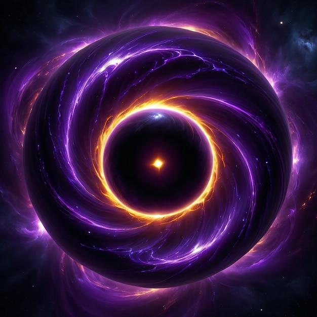 a purple spiral with a black center and a black background with a star in the center