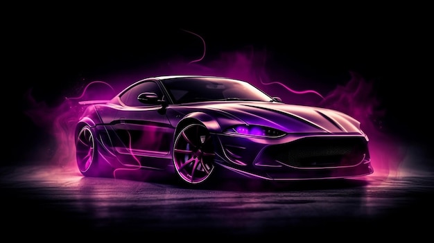 Purple sport car wallpaper on smoke neon background