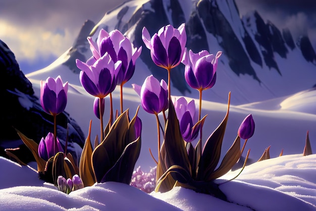 purple spring crocus flowers blooming over mountains