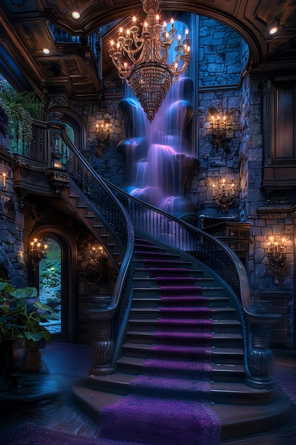 Photo a purple staircase with lights on the top and a purple carpet on the bottom