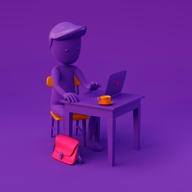 Purple stickman sitting at desk