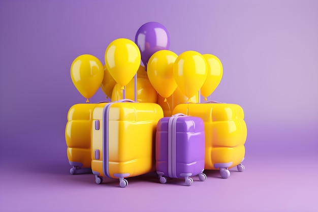 purple suitcases with a bunch of balloons on it