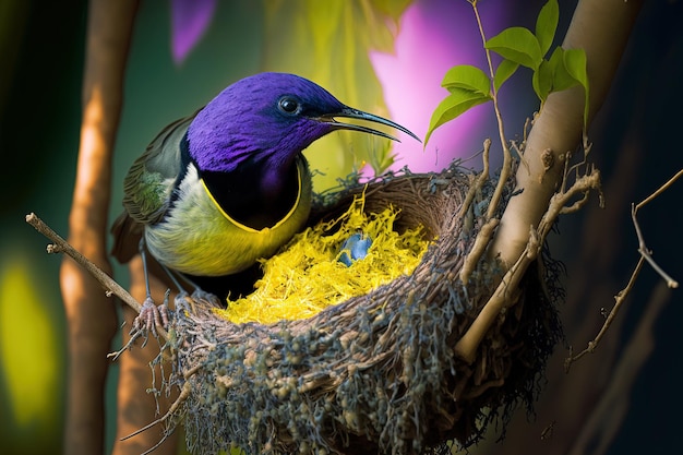 Purple Sunbird Female feeding baby bird in the birds nest Bird