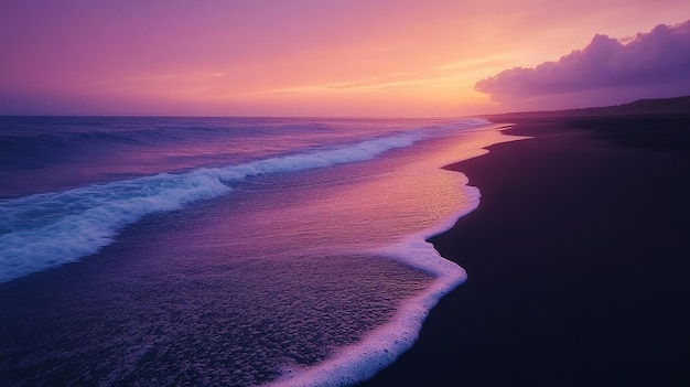 Photo a purple sunset casts a glow over a tranquil seascape and a black sand beach