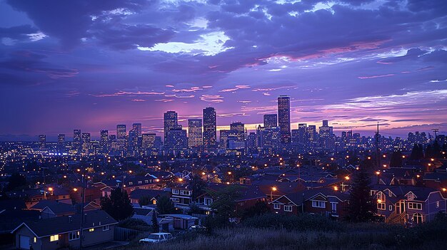 Photo a purple sunset over a city with a purple sky and a city skyline in the background