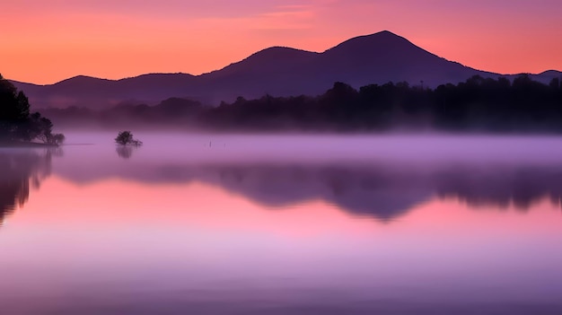 A purple sunset over a lake with mountains in the background