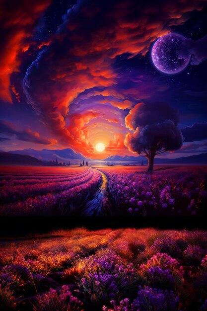 purple sunset painting of a road leading to a field of flowers generative ai