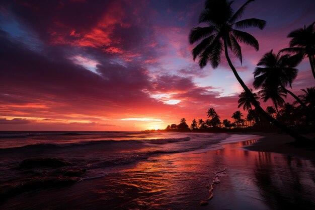 Purple sunset silhouette palm trees by the beach beautiful sunrise image