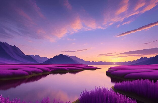 a purple sunset with mountains in the background