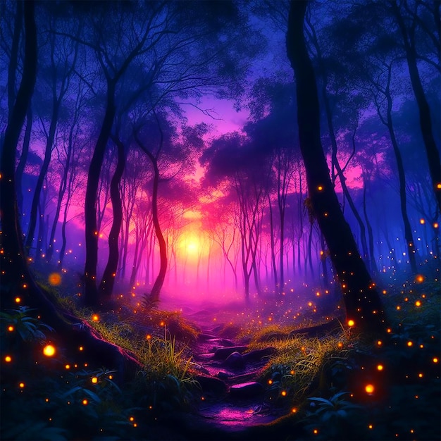 a purple sunset with a path leading to a purple sky