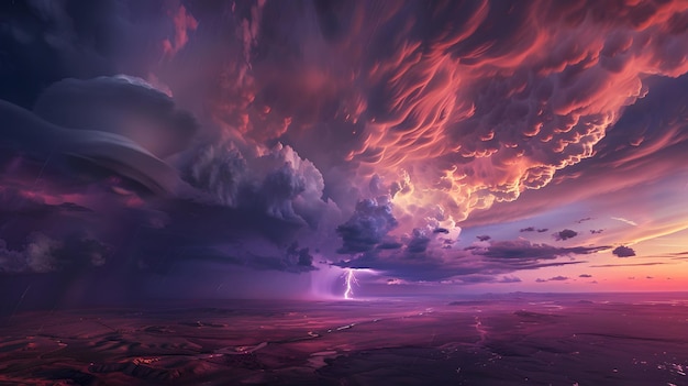 a purple sunset with a pink and purple lightning in the sky