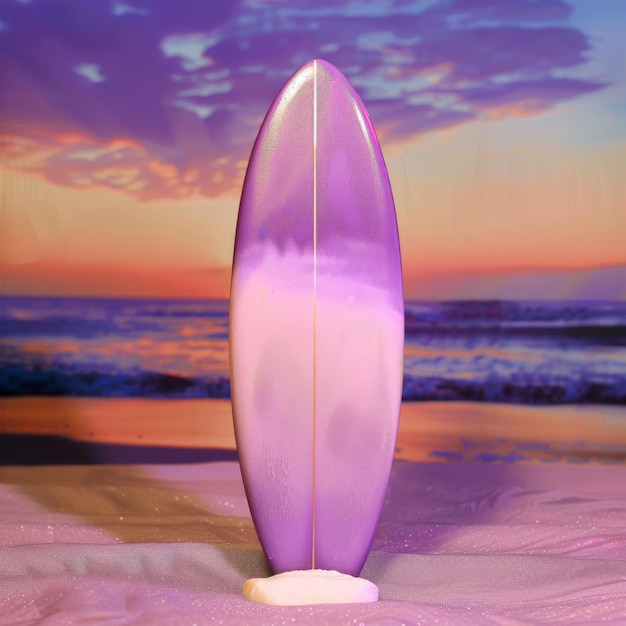 A purple surfboard is sitting on a beach