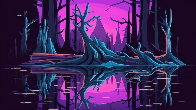 A purple swamp with a tree stump and the reflection of the water.