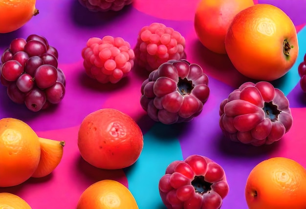 a purple table with a bunch of different fruits on it