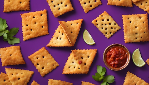 a purple table with crackers and a small container of salsa