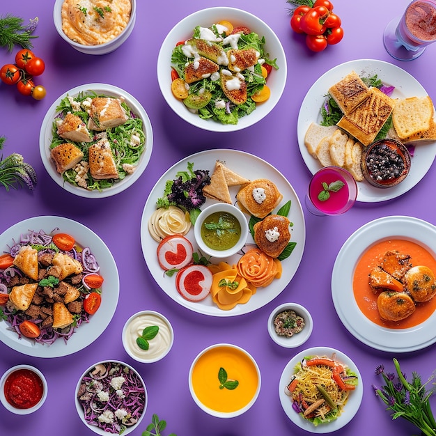 a purple table with many plates of food including food including salad and bread