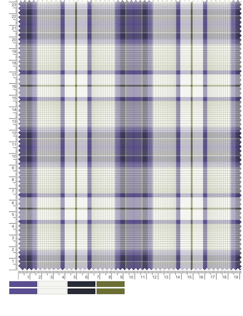 Purple tartan fabric with a ruler for the word plaid on it.