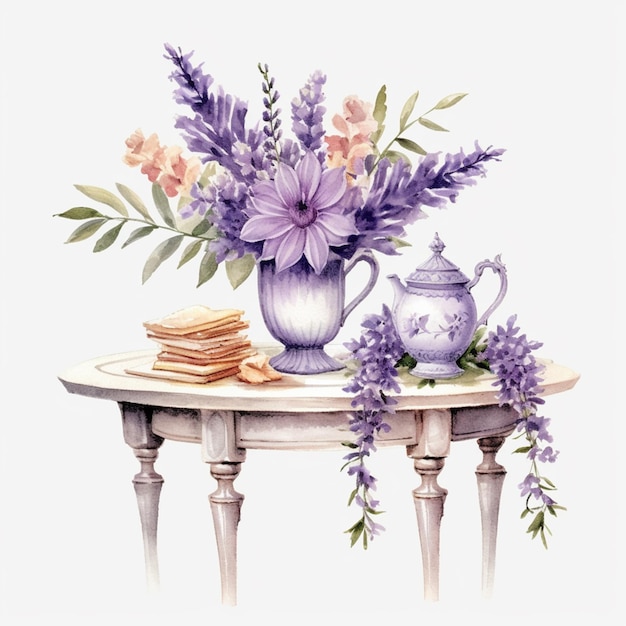 A purple teapot and a tea pot with purple flowers on a table.