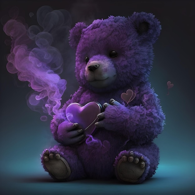 A purple teddy bear is holding a purple heart.