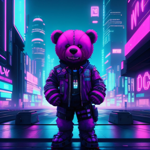 A purple teddy bear stands in a city with neon signs in the background.