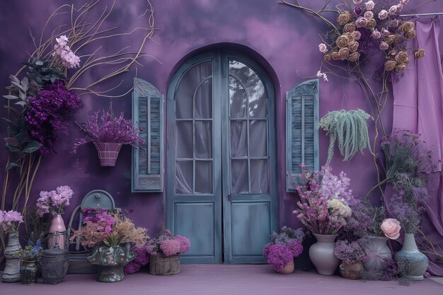 Photo purple themed floral doorway scene