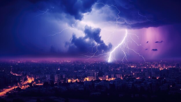 Purple Thunderstorm Beautiful Lightning Bolt Over Beirut City