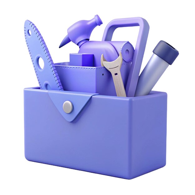 a purple tool box with a blue handle and a pair of scissors in it