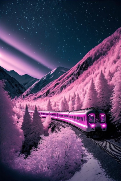 Purple train traveling through a lush green forest generative ai