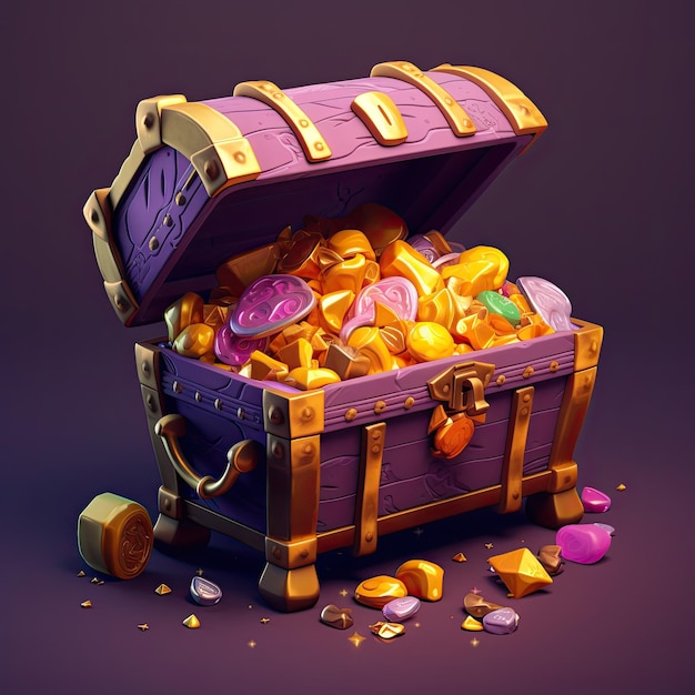 A purple treasure chest with gold coins and a purple background.