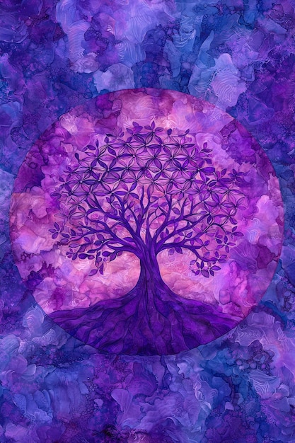 Photo purple tree of life with watercolor background