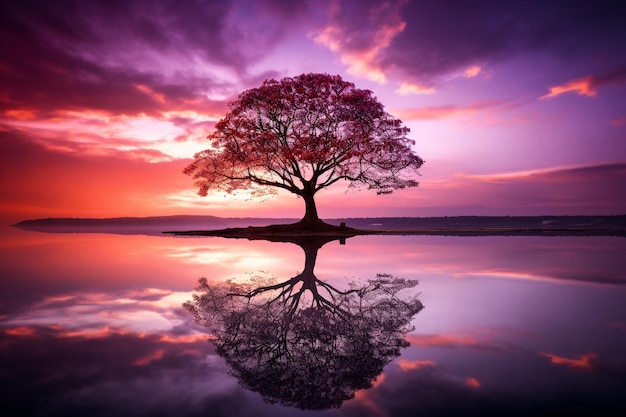 purple tree in sunset lake