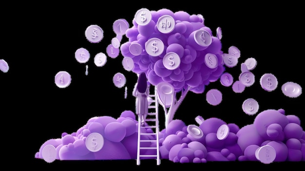 Purple tree with money symbol leaves and a ladder